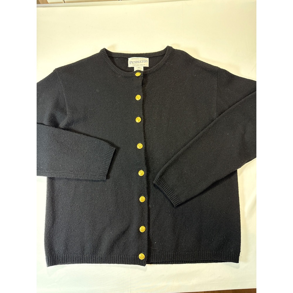 Pendleton Womens Black Lambswool Cardigan Sweater Gold Crest Buttons Size M